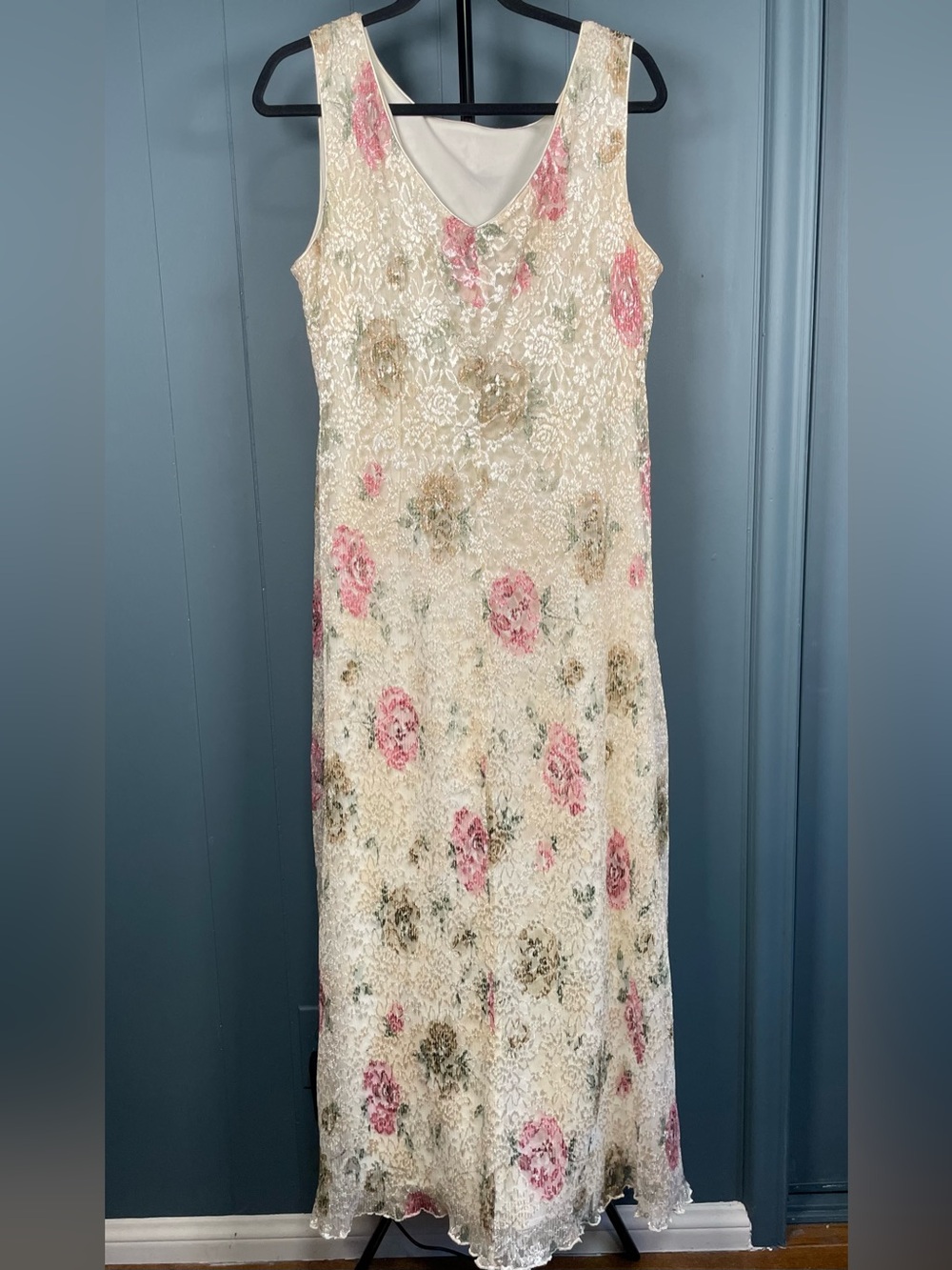 90s Vintage Ronni Nicole White Pink Floral Lace Maxi Dress Size 16 Cottagecore - Picture 2 of 6